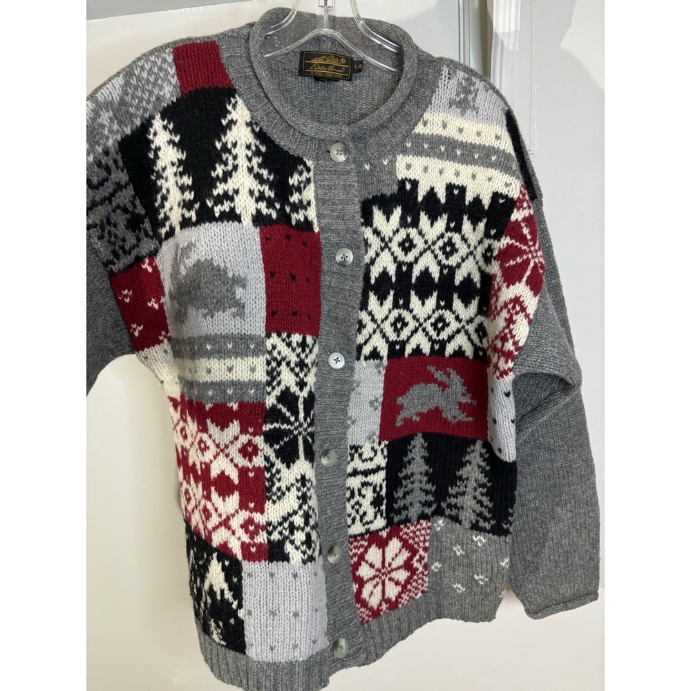 VTG EDDIE BAUER Wool‎ Patch Cardigan Sweater L Gray Red Black Rabbits Holiday